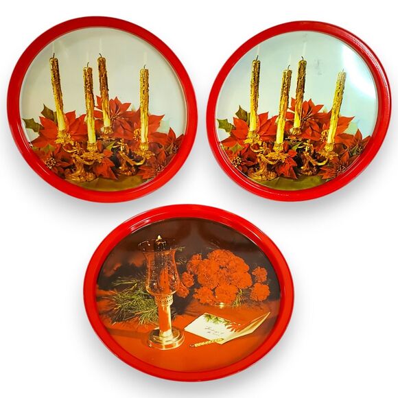 Vintage Set of 3 Christmas Tin Trays Atlantic Can Co Style Round Serving MCM - Picture 1 of 16